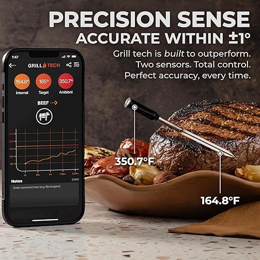 Grill Tech Smart Bluetooth Meat Thermometer Wireless Meat Thermometer for Grilling and Smoking, Precision Accuracy, 950ft Range, USB-C Rechargeable Case, Grill Tech App for Grilling