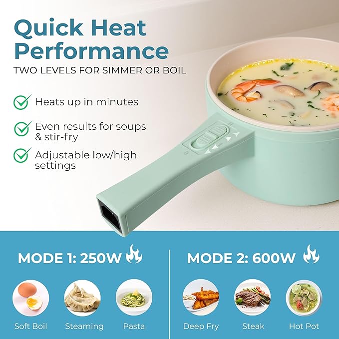 DRINKPOD 2L Electric Hot Pot with Steamer, Portable Multi Cooker for Ramen, Eggs, Soup, Oatmeal Non-Stick Mini Pot with Adjustable Temperature (AQUA GREEN)