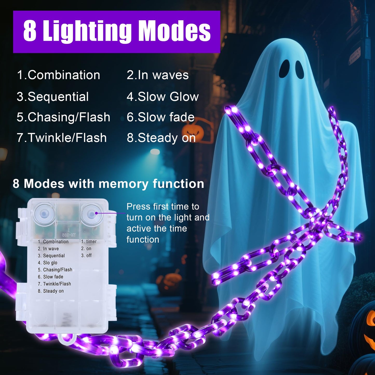 woohaha Halloween Decorations Purple 175LED Chain Lights, 10.5FT, Battery/USB, 8 Modes, Timer for Outdoor Party