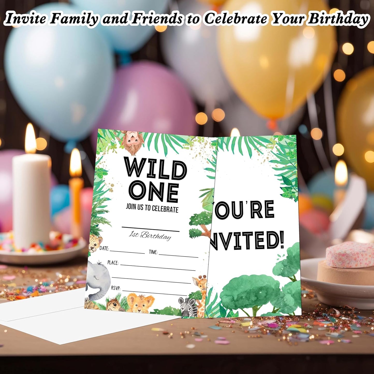 Wild One Birthday Invitations, 20 Invitation Cards with Envelopes, Safari Zoo Invites for Party Decorations Favor Supplies - A16