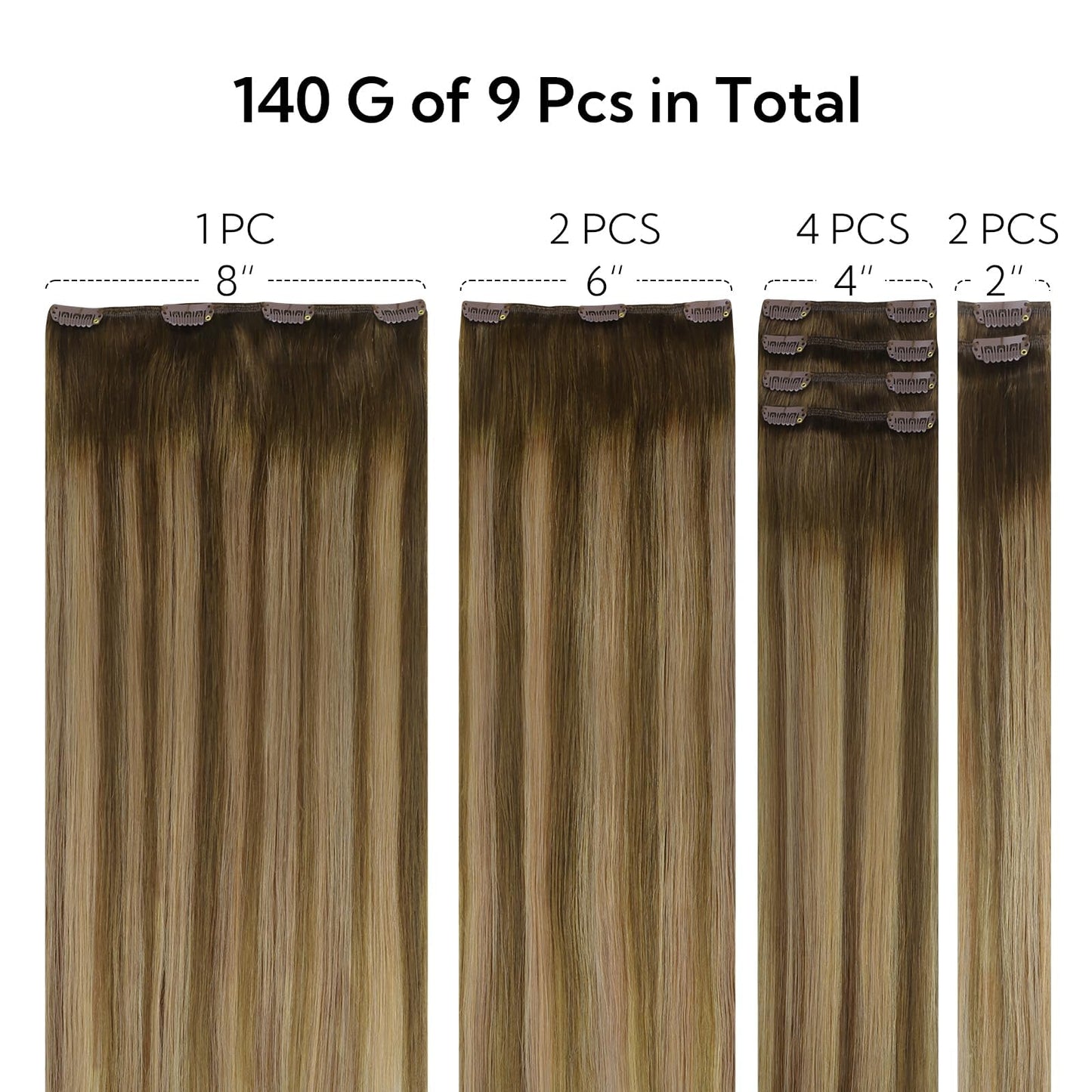 HOTBANANA Clip in Hair Extensions Real Human Hair, 135g 9pcs 16 inch Balayage Chocolate Brown to Caramel Blonde Straight Remy Cl