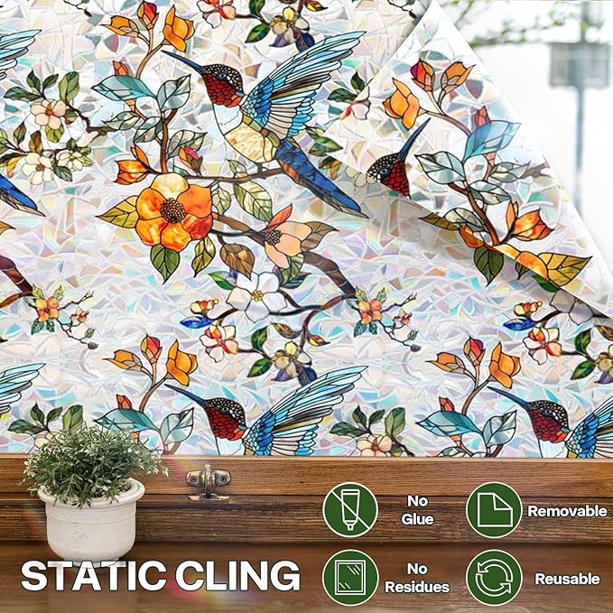 Stained Glass Window Film UV Resistant Window Privacy Film Hummingbird Floral Privacy Rainbow Decals Living Room Bedroom Sun Blocking Decor Removable Static Cling Stickers 17 x 78.74 Inch