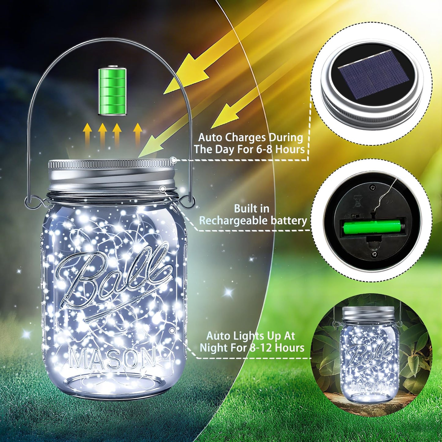 ZNYCYE Mason Jar Solar Lights - 12 Pack 30LED Cool White Waterproof String Lights for Outdoor Patio Garden Decoration