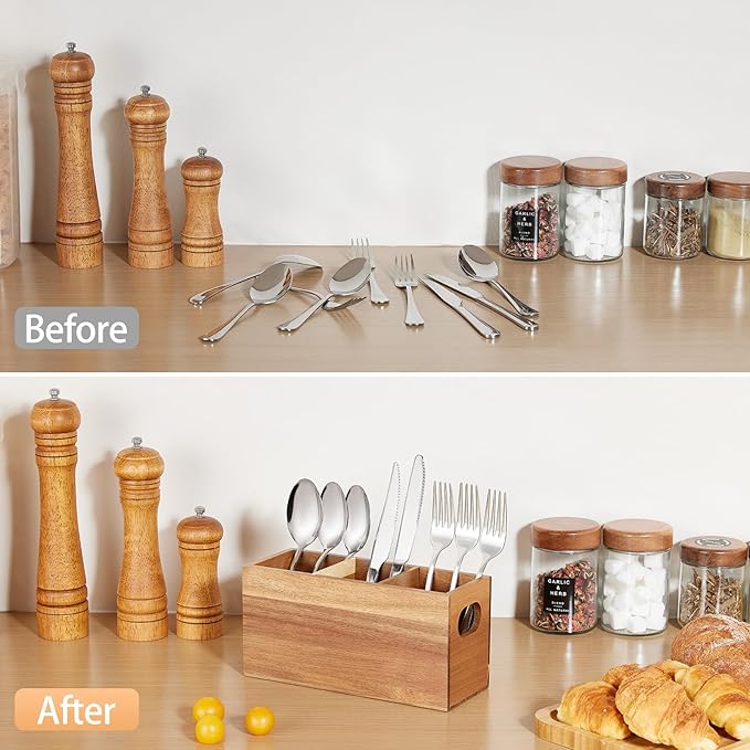 Acacia Wooden Silverware Holder,Kitchen Utensil Caddy with 3 Compartments,Cutlery Storage Organizer Countertop,Flatware Organizer for Party,Spoon, Fork Holder