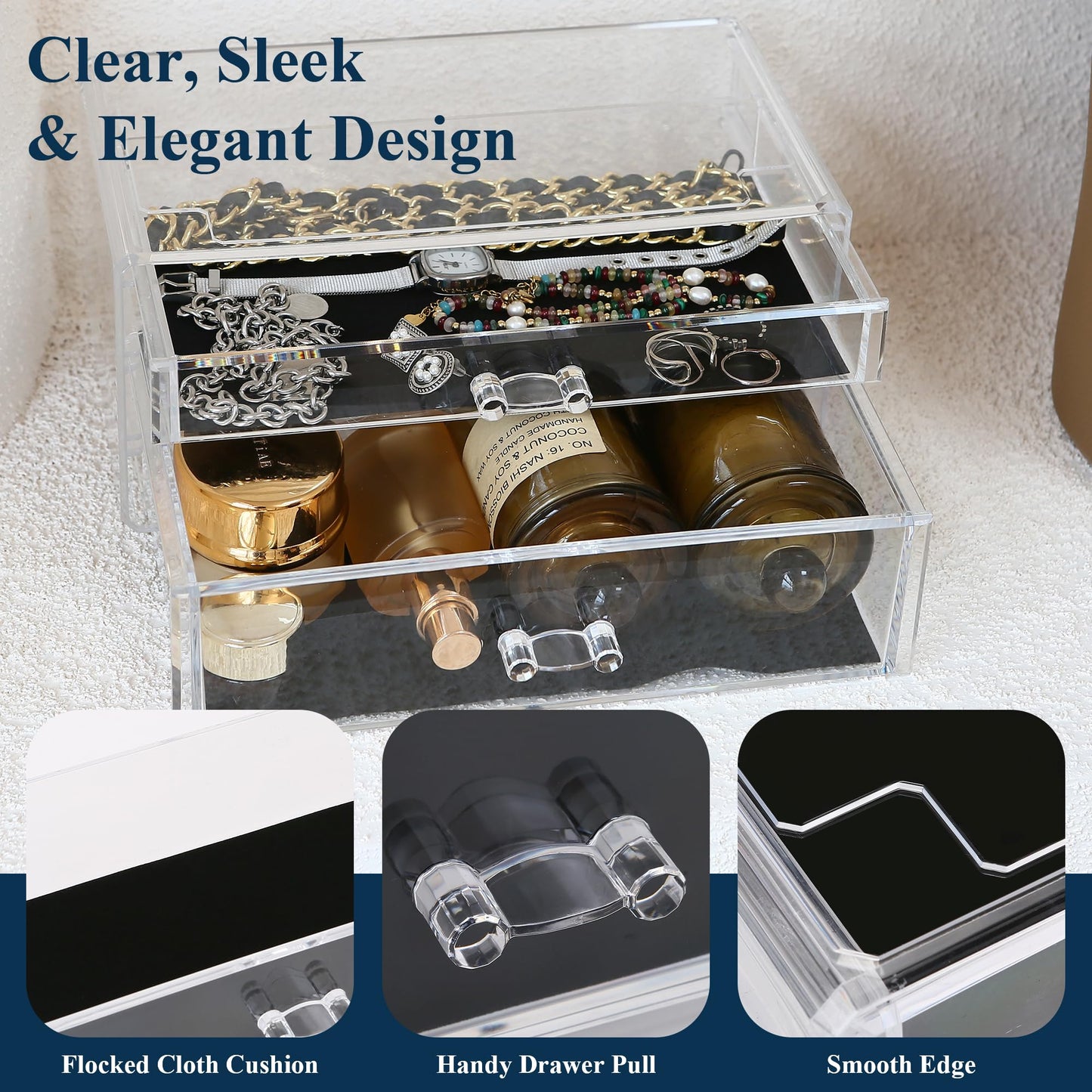 Sea Team Clear Makeup Organizer with Drawers, Acrylic Plastic Cosmetic Display Case, Jewelry Storage Box, Holder for Dresser, Ba