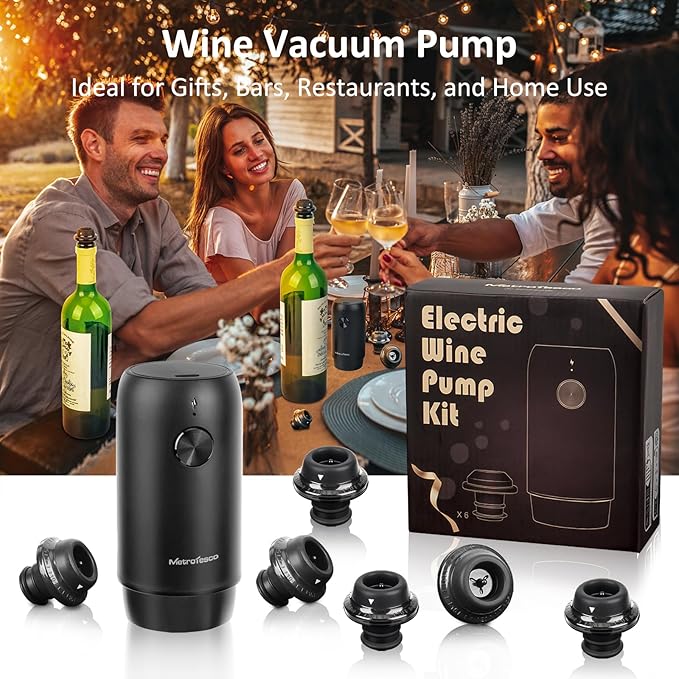 Electric Wine saver pump with 6 wine stoppers vacuum, wine preserver keep Your Wine Fresh for up to 10 Days, USB-C Rechargeable, 1 Pump 6 Stoppers Best Gifts for Wine Lovers, Black