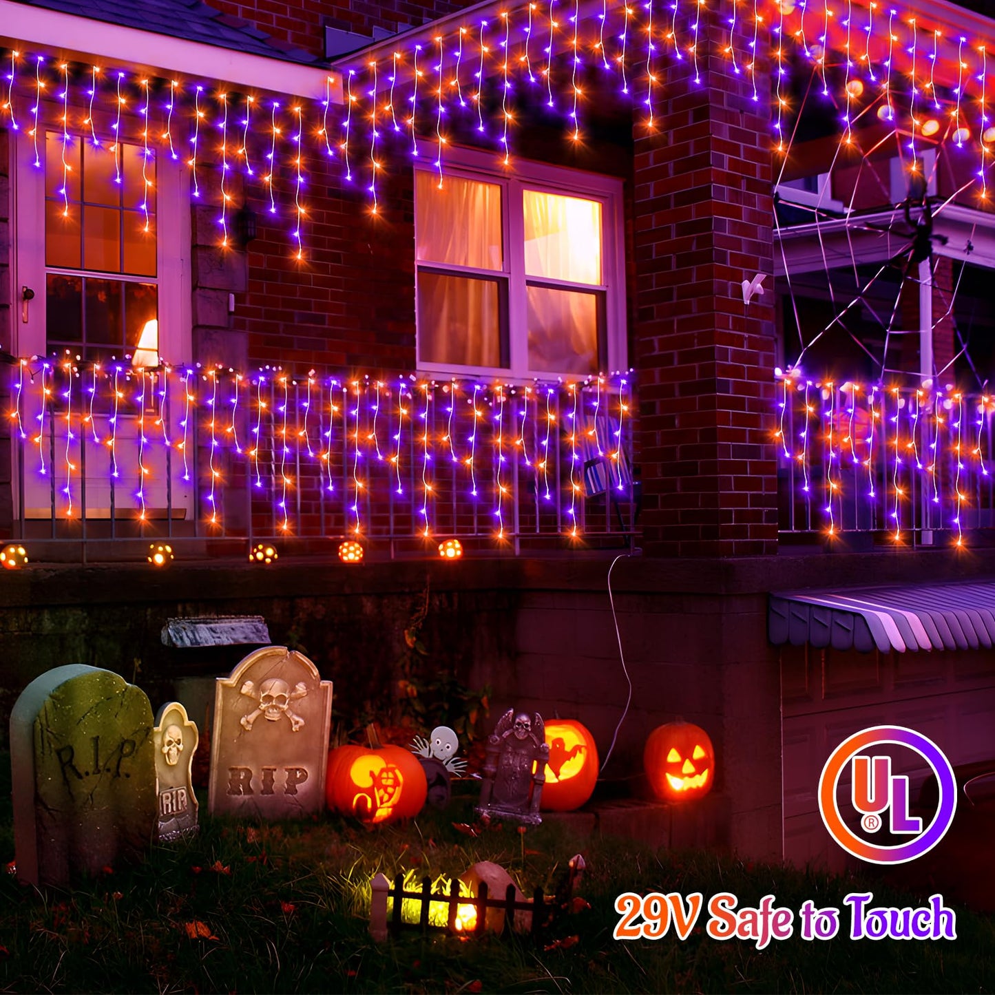 Knonew Christmas Lights Outdoor 1216 Led 99Ft Curtain Fairy String Light, 8 Modes, Clear Wire, Orange & Purple For Indoor/Outdoor Decor