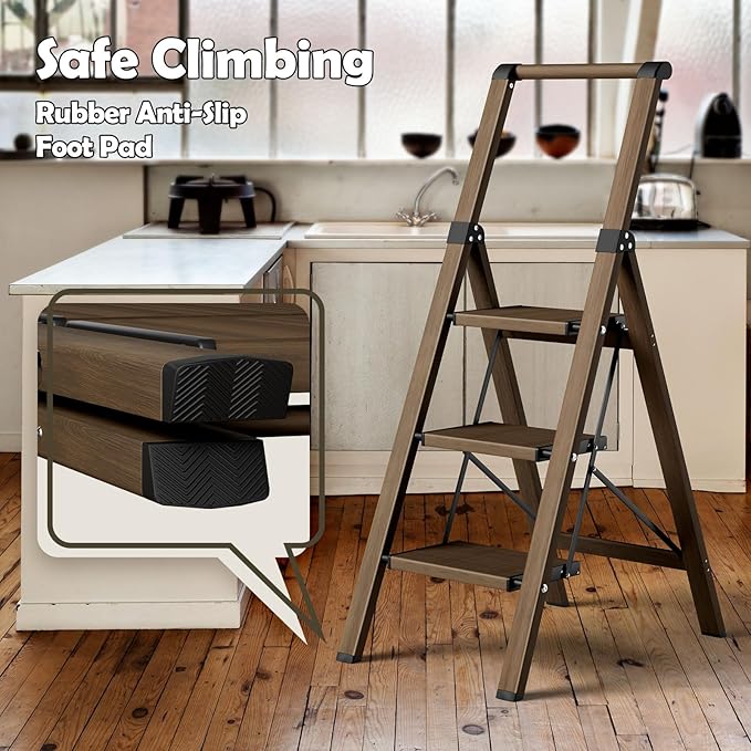 Taranta 3 Step Ladder, Portable Folding Ladder with Wide Pedal, Lightweight Aluminum Step Stool with Convenient Handgrip, 330 lbs Capacity Stepladder for Home, Office - Walnut