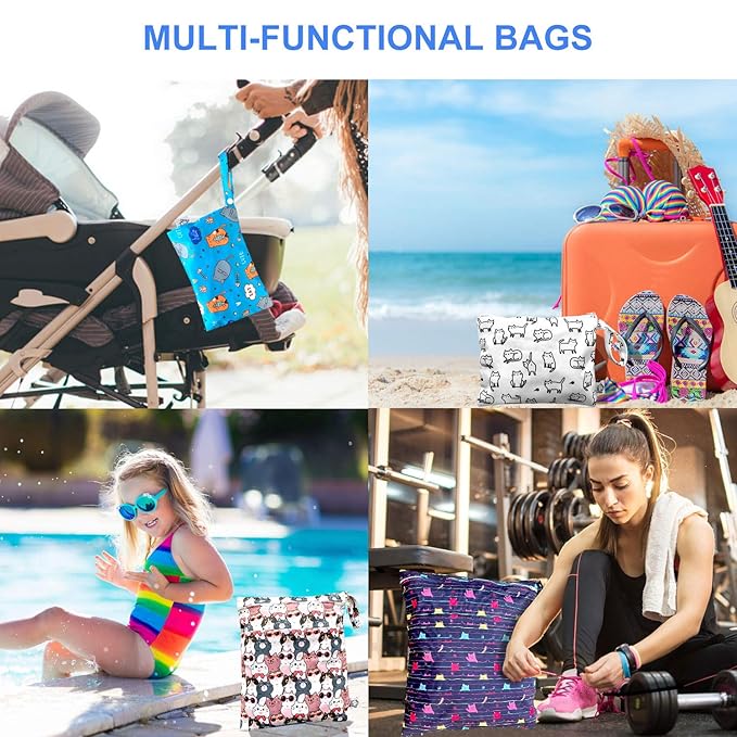 FLOCK THREE 4pcs Waterproof and Reusable Wet Bag Diaper Stroller Water Resistant Swimsuit Travel Toiletries Yoga Gym Washable Carrier Small Medium Large Cat 4 Pack