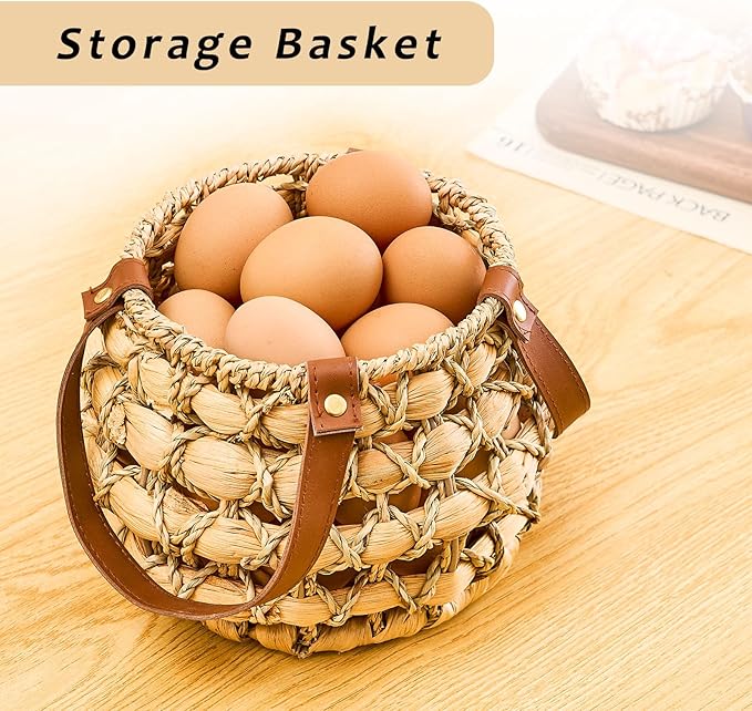 Farmhouse Oval Egg Baskets for Collecting Fresh Eggs,Small Wicker Basket with Handle,Garden Harvest Basket for Gathering Vegetables,Fruit Basket Bin for Kitchen,Garden,Picnic (Round-S)