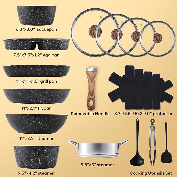 NEWBULIG 17-Piece Cookware Set, Nonstick & Non-Toxic Pots and Pans with Stay-Cool Handles, Induction Compatible, Black