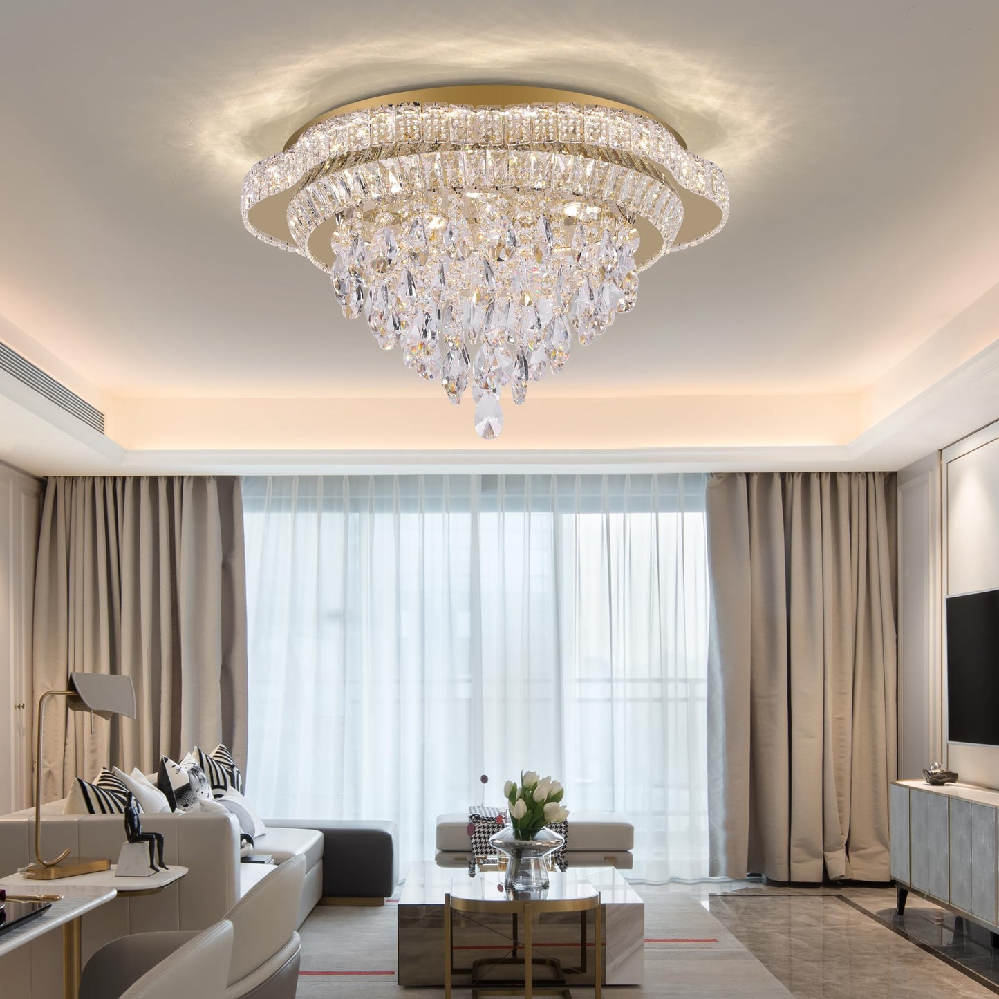 OSGNER 24in Gold Crystal LED Flush Mount Chandelier with Remote Control, 3-Color Dimmable, Modern Flower Design, Model X505-24-GD