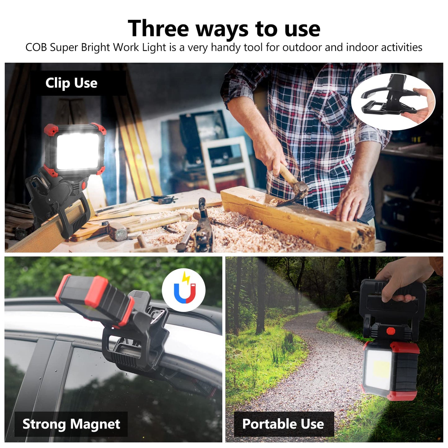 Tresda LED Rechargeable Work Light with Clamp, 2Pack 2100LM COB Magnetic Work Light with 3 Light Modes, 270° & 180° Rotation, Waterproof, Perfect for BBQ, Jobsite, Workshop, Car Repairing