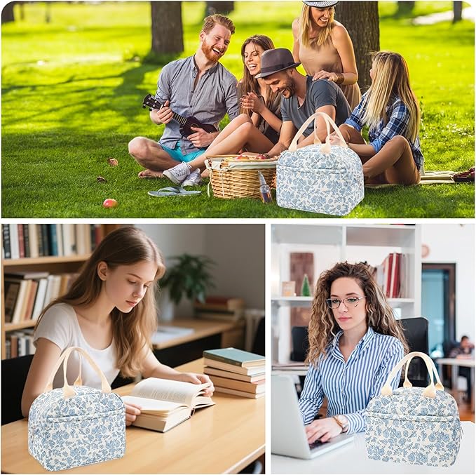 Cotton Quilted Insulated Lunch Bag, Cute Quilted Floral Lunch Tote Bags Reusable Insulated Lunch Box Coquette Aesthetic Large Capacity Insulated Cooler for Women Work Travel Picnic (Big Blue Flowers)
