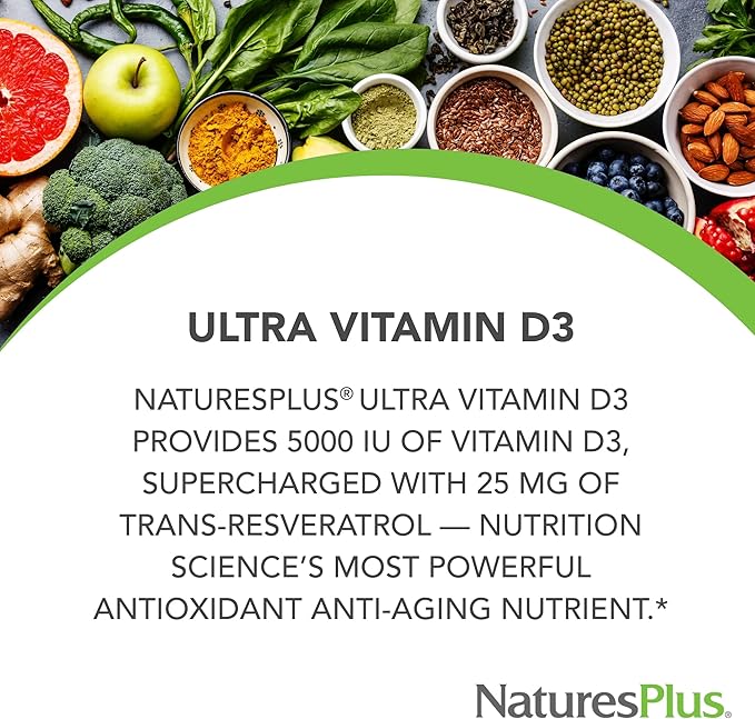 Natures Plus Vitamin D3, Extended Release - 90 Vegan Tablets - 5000 IU + 25 mg Trans-Resveratrol - Heart & Bone Health, Immune System Support, Anti-Aging - Gluten Free - 90 Servings