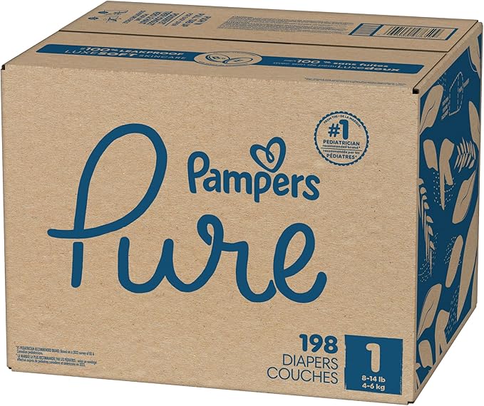 Pampers Pure Protection Baby Diapers, Size 1 (8-14 lbs), 198 Count, Up to 100% Leakproof, Premium Plant-Based Skin Protection, Hypoallergenic Soft Diapers