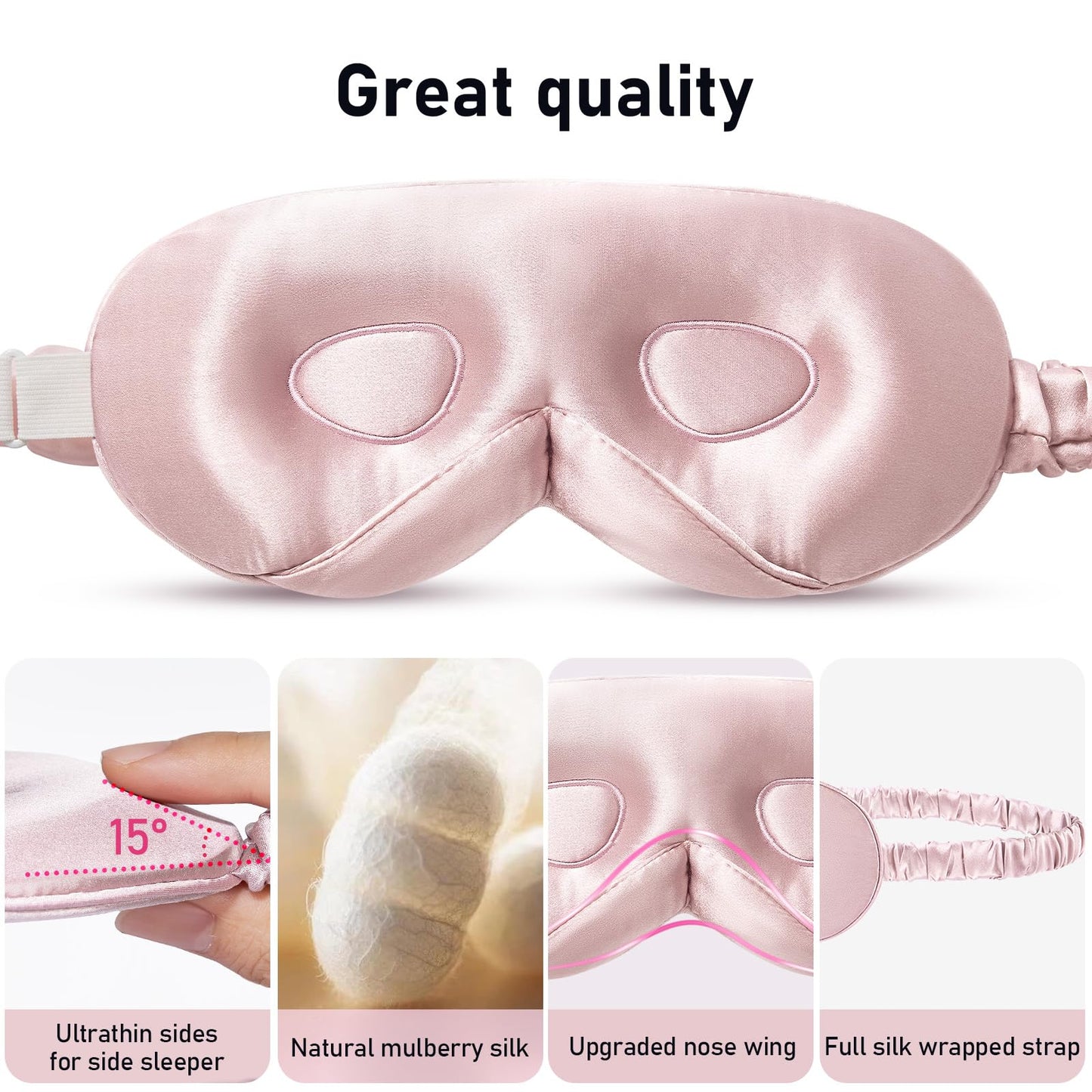 LitBear 100% 22 Momme Mulberry Silk Sleep Mask - 3D Contoured Eye Mask for Men Women, Soft Breathable Sleeping Mask with Adjustable Strap, Perfect Blocks Light for Sleeping (Light Pink)