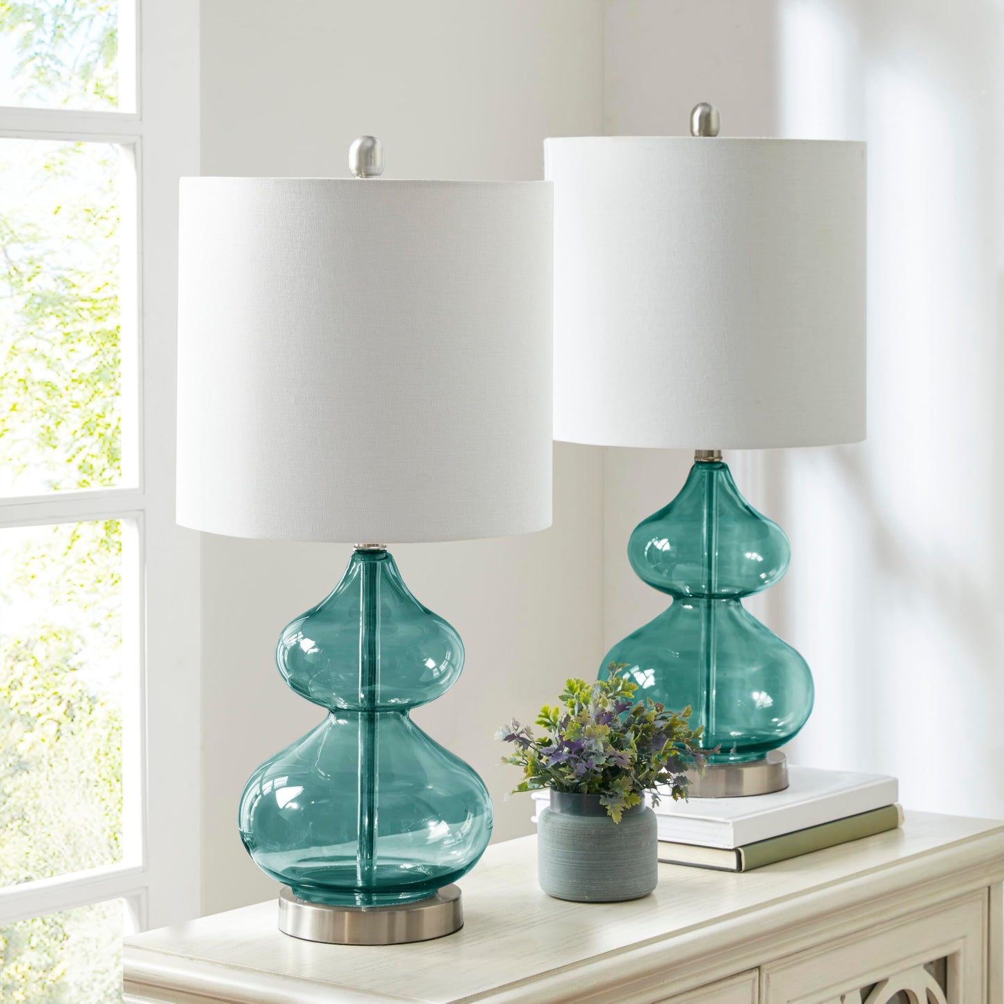 510 DESIGN Ellipse Table Lamp Set of 2, Glass, Brushed Nickel Base, 12inLx12inWx25.25inH, Blue, Model 5DS153-0018