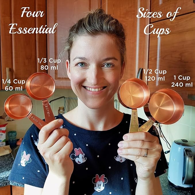 Copper Measuring Cups and Spoons Set of 9 - Premium Gift Packaging + Cooking Conversions Chart. Extra Sturdy Stainless Steel with Copper Finish, Satin and Mirror Polish. Gift Under 25 Dollars.