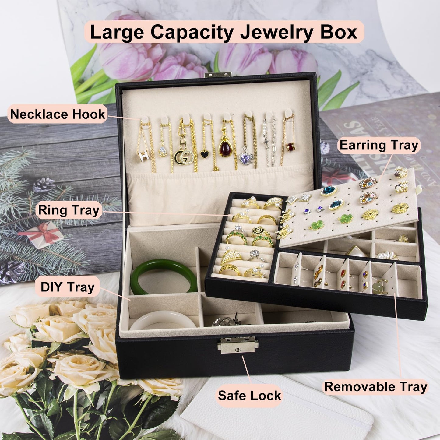 SYCARON Jewelry Box Organizer for Women, Jewelry Organizers 2 Layer Jewelry Storage Box PU Leather with Lock for Women Girls Rin