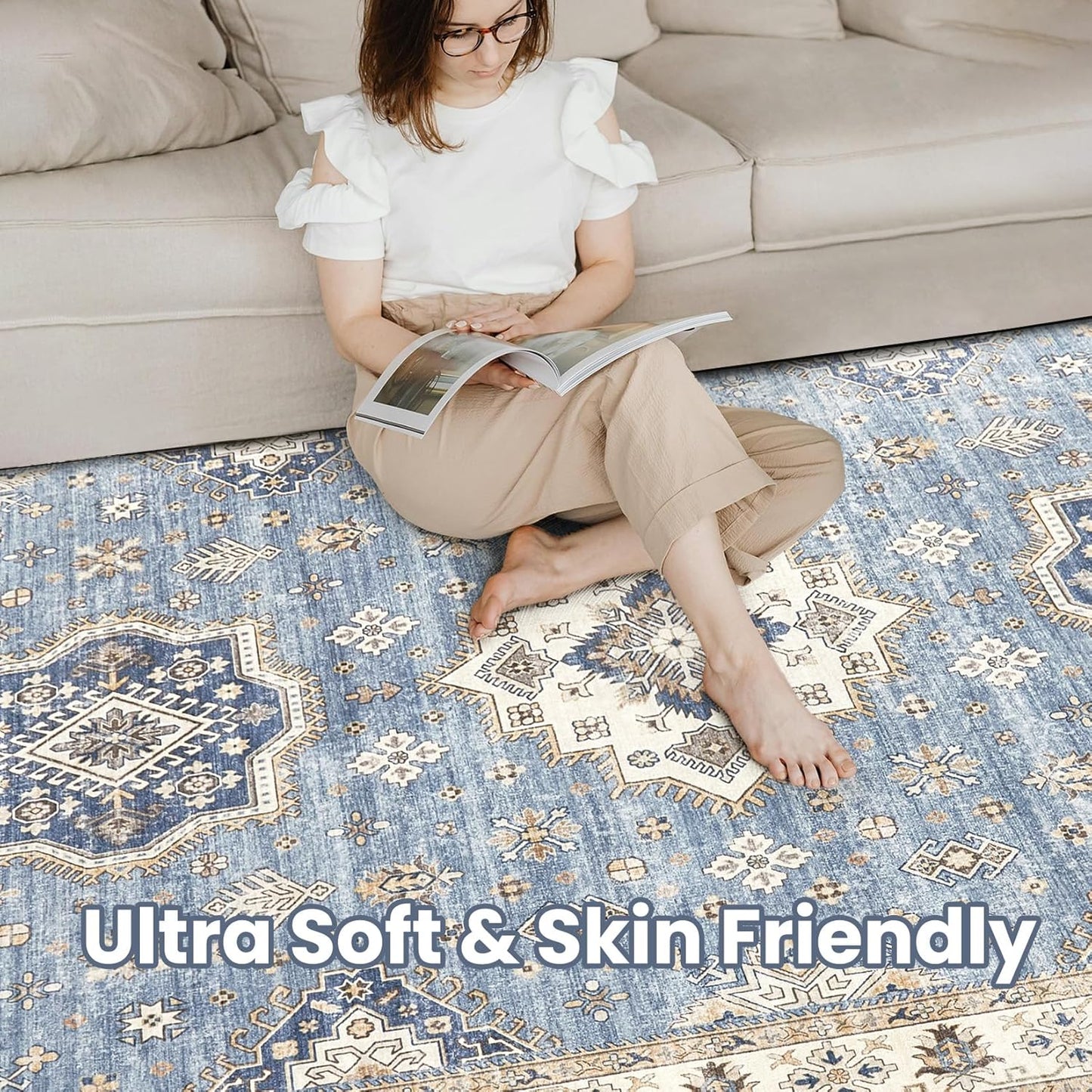 Washable Area Rugs for Living Room -10x12 Neutral Vintage Distressed Floral Farmhouse Boho Large Soft Floor Rug Indoor Non Slip Carpet for Living Room Bedroom Dining Room Office - Blue