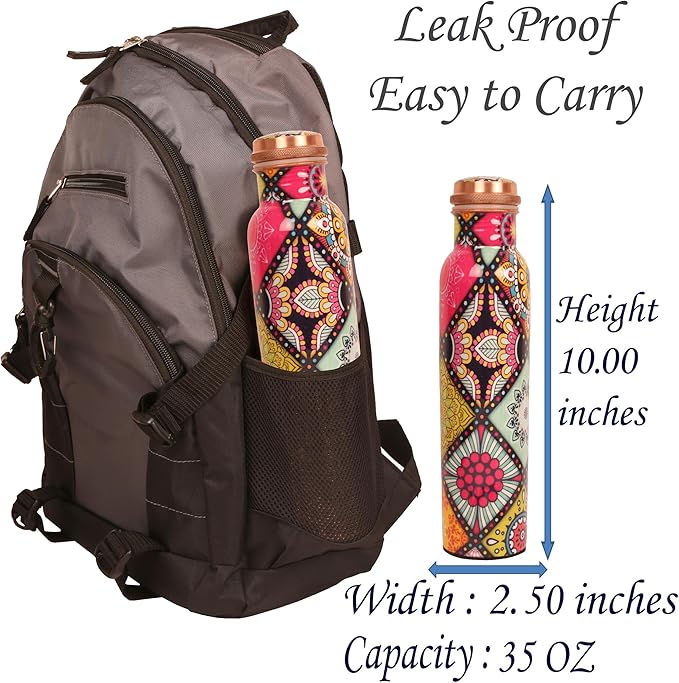 Pure Copper Water Bottle - Handcrafted - Ayurveda health benefits - Large 35 oz - Leak proof - Easy to carry for Sports, Fitness, Yoga, School - Artistic Petals Multicolor Enamel