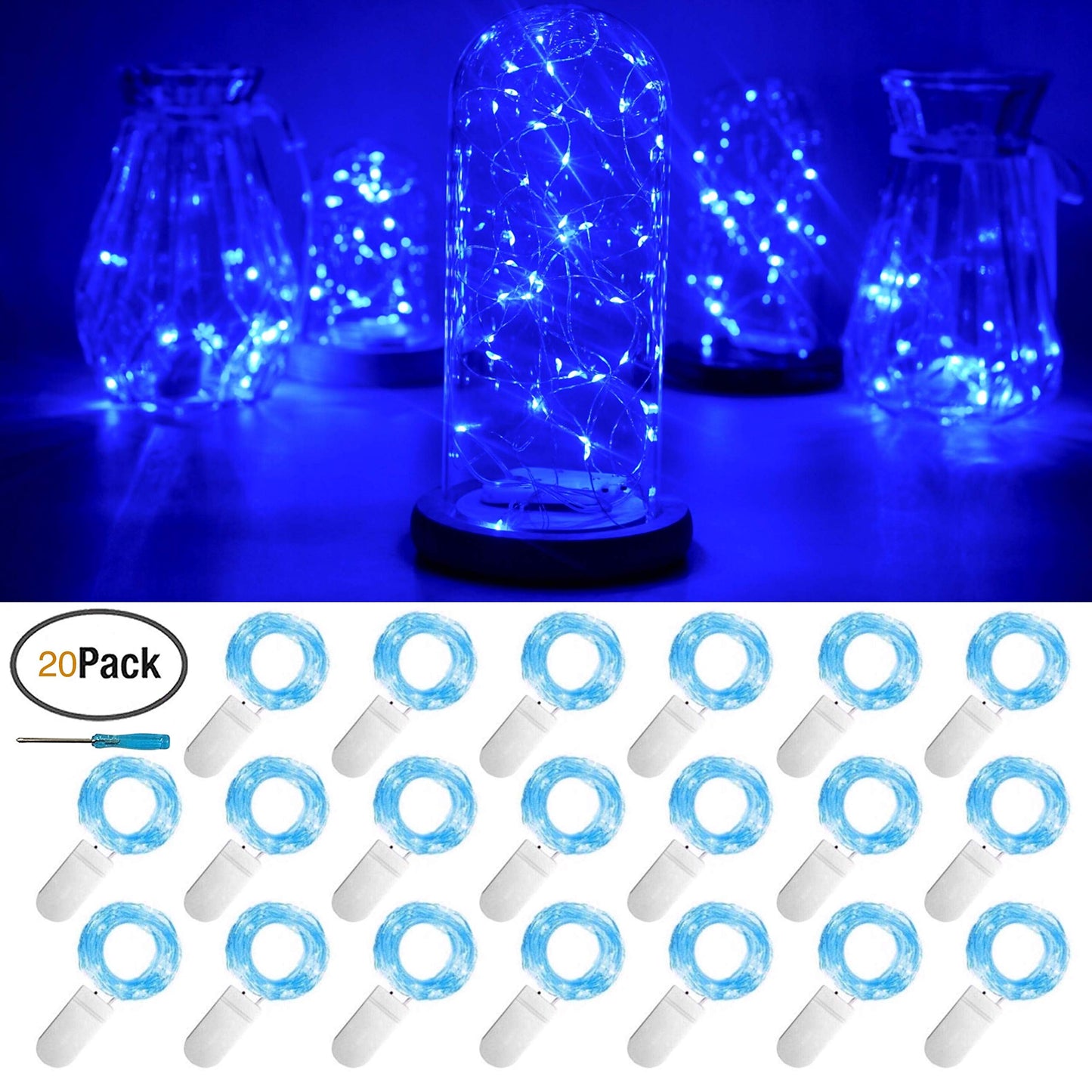 FELISHINE Fairy String Lights, 20 LEDs, 6.6FT, Battery Operated, Silver Copper Wire, Blue for Party, Wedding, Christmas Decorations