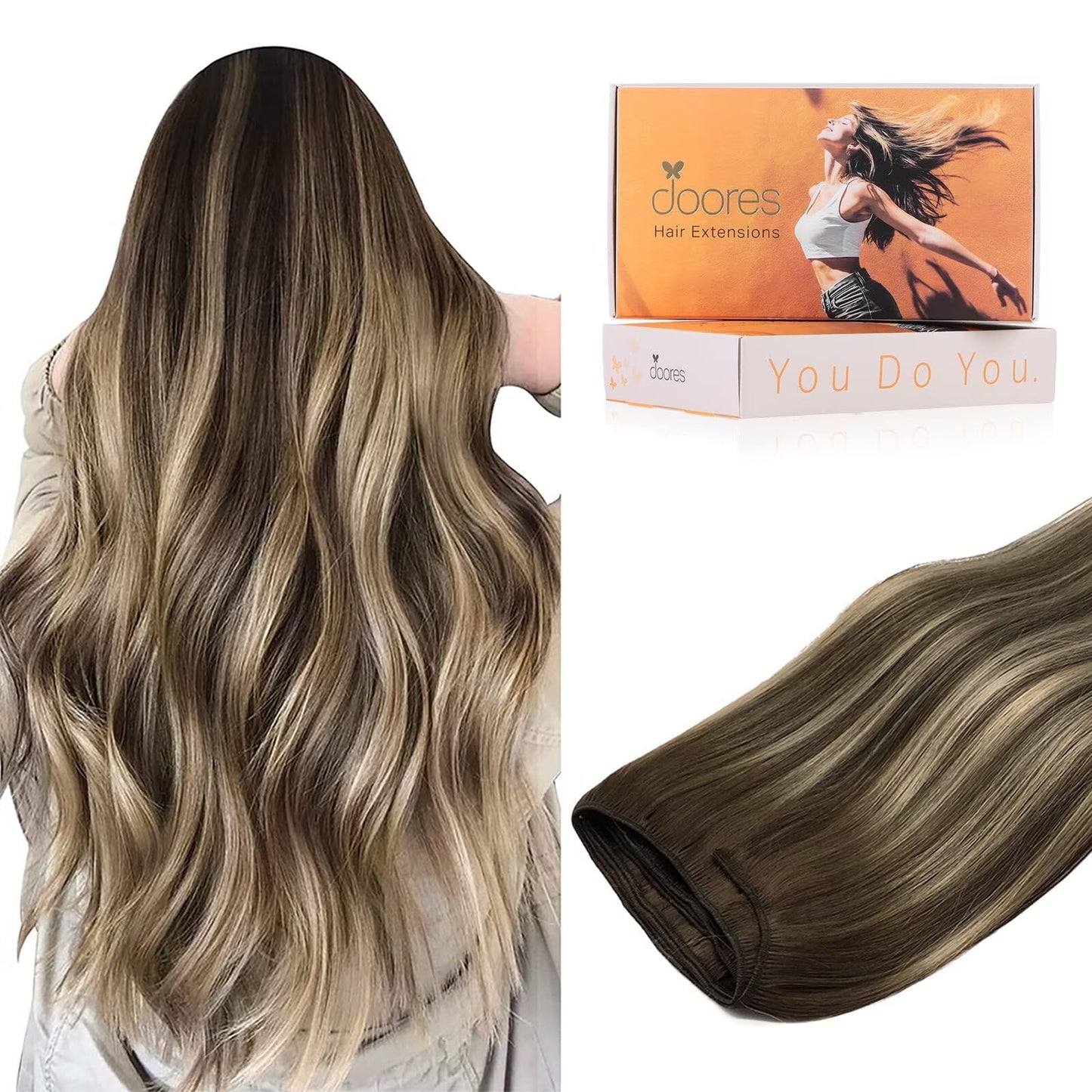 DOORES Sew in Hair Extensions, 22 Inch 110g Chocolate Brown to Honey Blonde, Real Human Hair, Remy Straight Long Hair Extensions