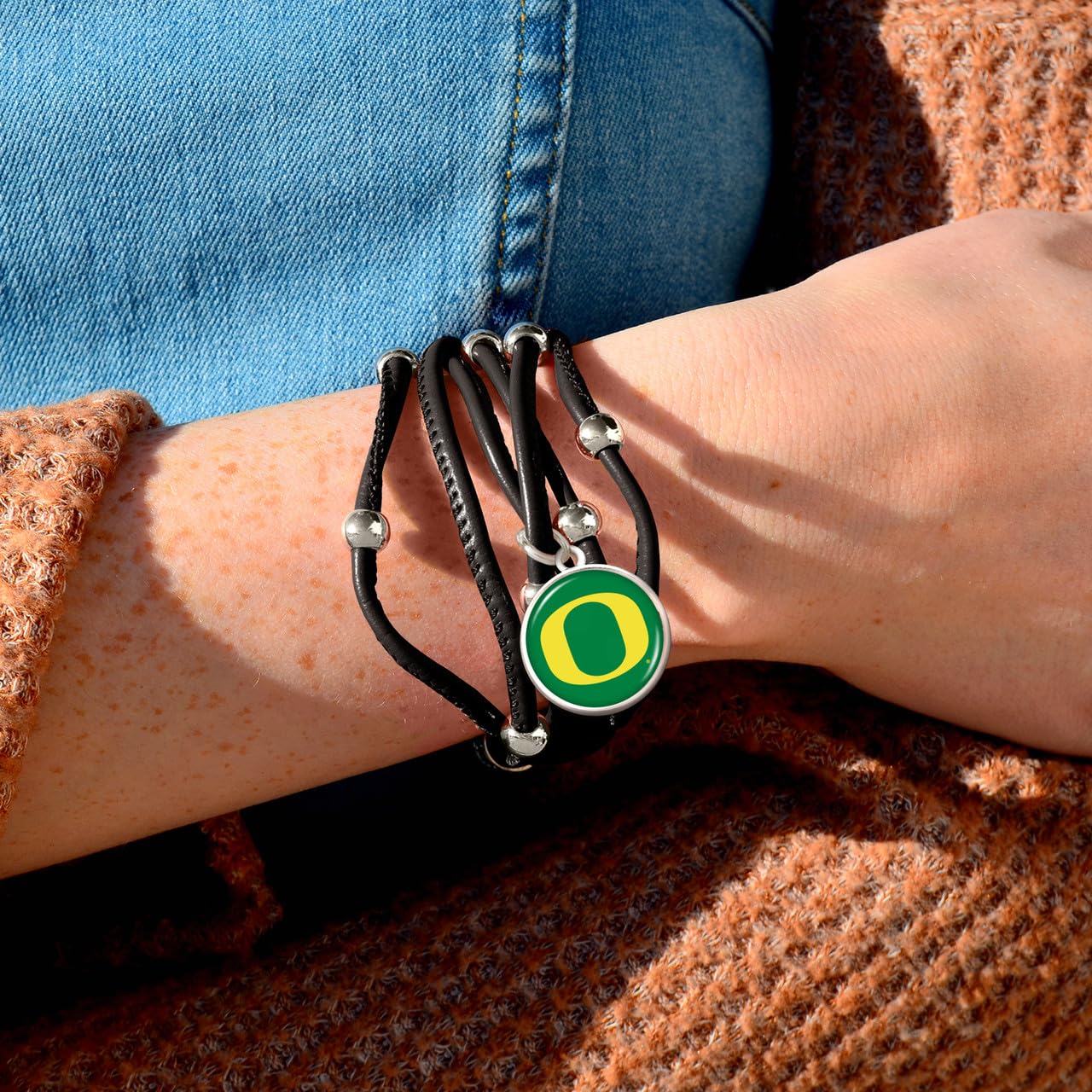 From The Heart Leather College Charm Bracelet for Women - College Game Day Jewelry for Sports Fans (Oregon)