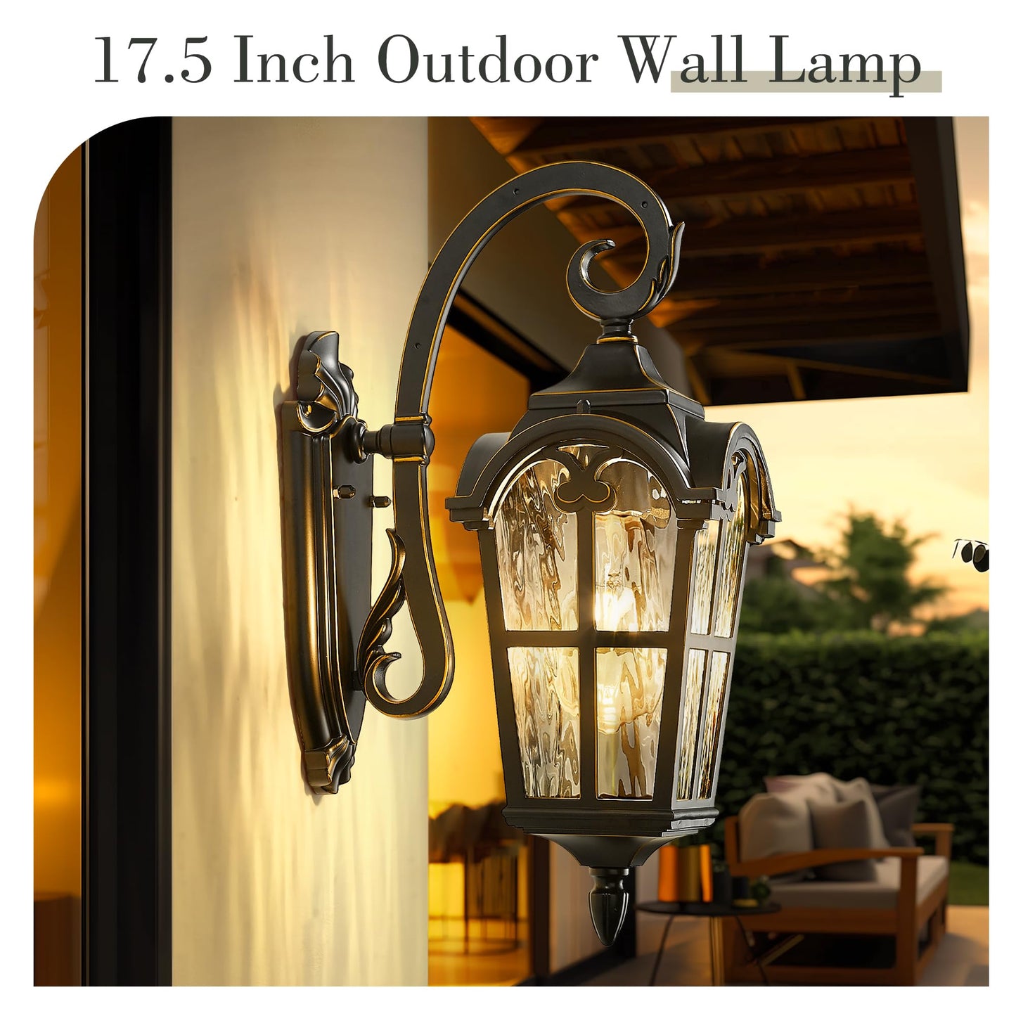 Emliviar Vintage Outdoor Lighting Fixture Wall Sconces With Water Ripple Glass  17.5 Front Porch Wall Lantern  Black Finish With Gold Edges  We215B-Sw Bg