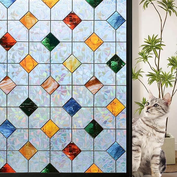 DKTIE Colorful Gem Lattice Pattern Decorative Window Privacy Film Rainbow Stained Glass Window Film Classroom Decor Renter Friendly Decor (S533, 29.5in X 78.7in)