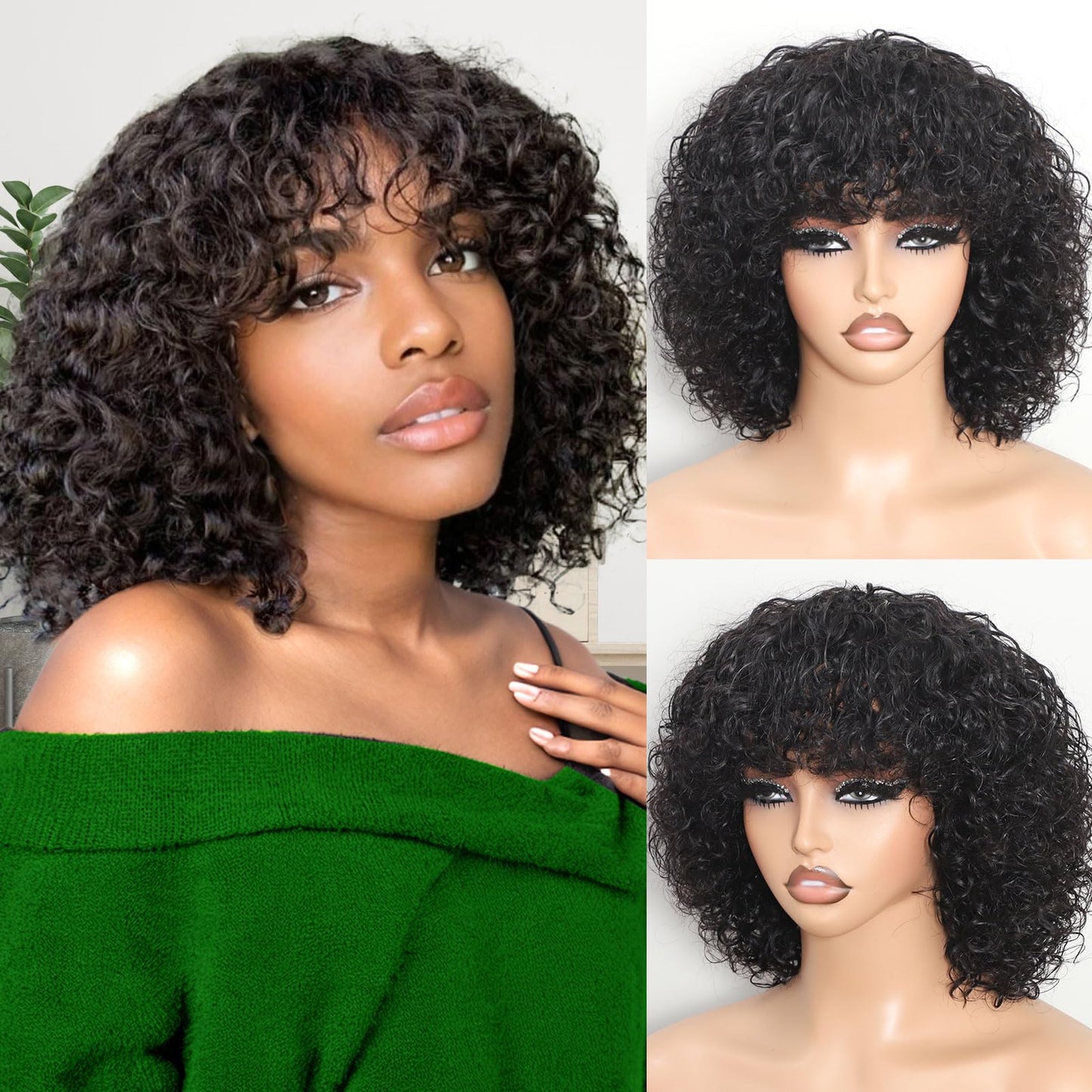 REMESSE Short Curly Wig With Bangs Human Hair Curly Human Hair Wig With Bangs For Women Glueless 250% Density Water Wave Human H