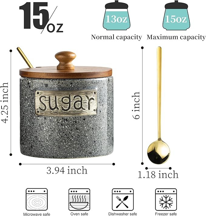 LYEOBOH Sugar Bowl with Lid and Spoon, Sugar Jar Porcelain Salt Bowl with Wood Lid and Stainless Steel Spoon,Ceramic Sugar Bowl 15oz Coffee Canister Kitchen Decor, Grey