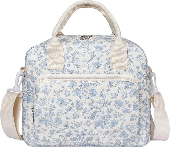 Quilted Lunch Box for Women,Large Blue Floral Insulated Lunch Bag for Adult,Cute Lunch Tote Bags for Work Picnic Travel (Blue Floral,M)