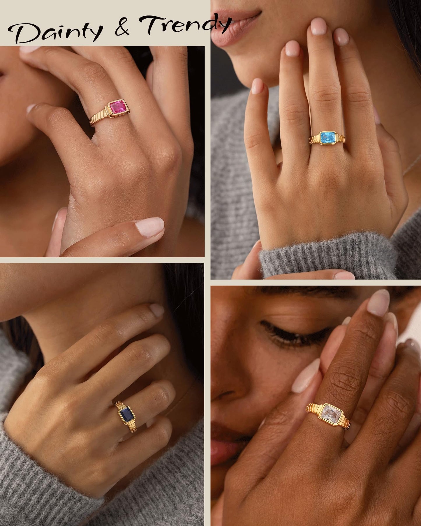 ZHESHY Birthstone Gold Rings for Women Non Tarnish Vintage Chunky Rings 14K Gold Plated CZ Signet Band Thumb Rings Jewelry Gift