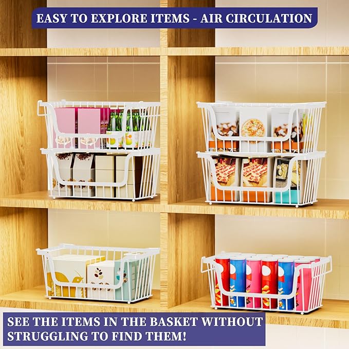 4 Pack Enhanced Leak-Proof Bottom Stackable Wire Baskets, Pantry Organizers and Storage, Pantry Storage，Shelf Baskets, Fruit Basket, Potato and Onion Storage Bins，(White)
