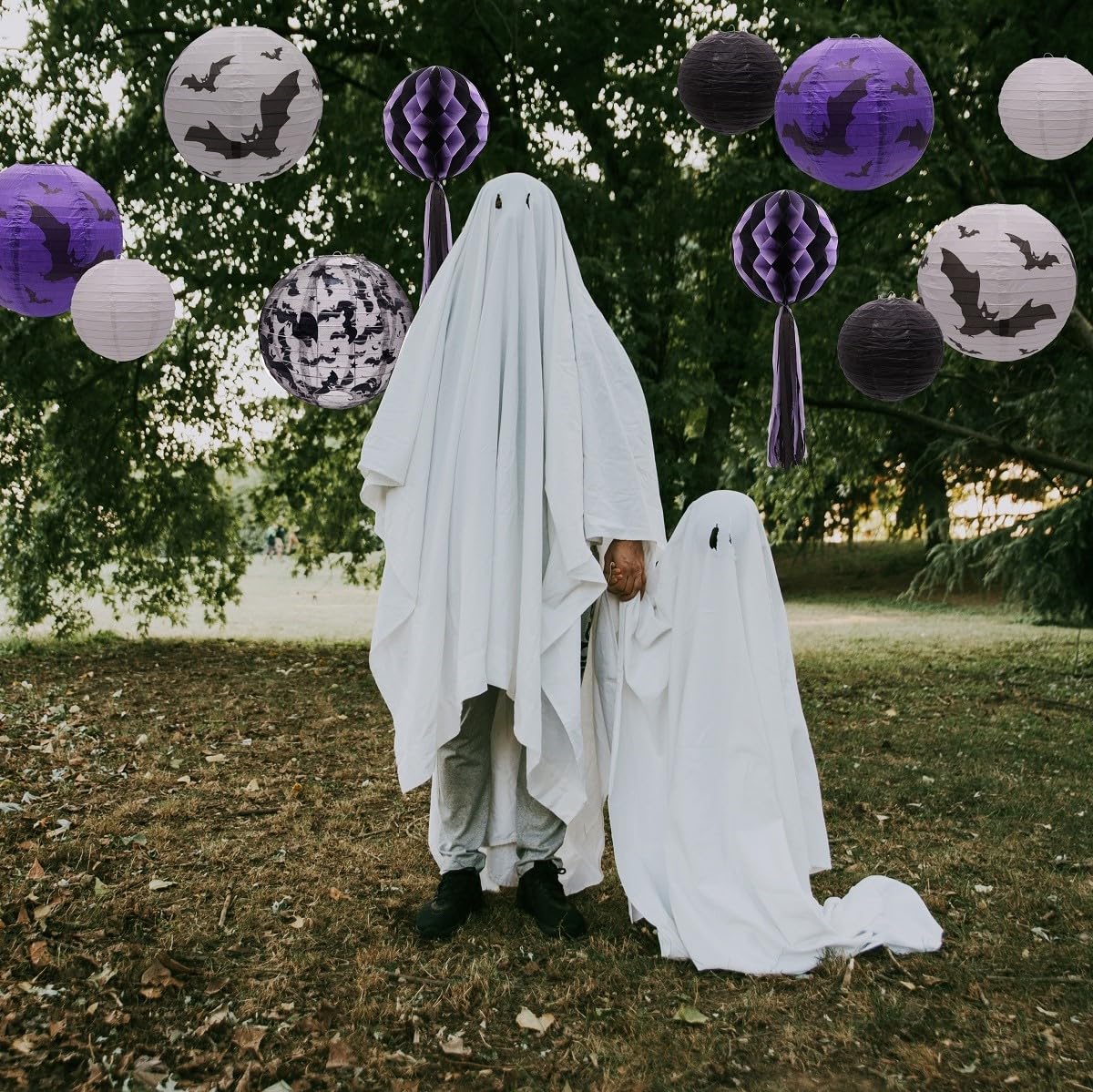 Uniqooo 12Pcs Spooky Halloween Decor Black White Purple Hanging Paper Lanterns Set With Decorative Bats & Honeycomb Pom Pom Tassels For Indoor/Outdoor Holiday Home Garden Decor Party  12 In & 8 In