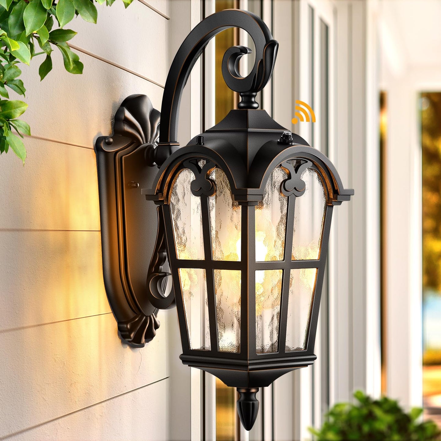 Vianis Outdoor Wall Light  16.9 Black Dusk To Dawn Outdoor Lighting With Gold Trim  Outside Light Fixtures Wall Mount With Tempered Water Ripple Glass For Patio  Entryway  Waterproof Anti-Rust