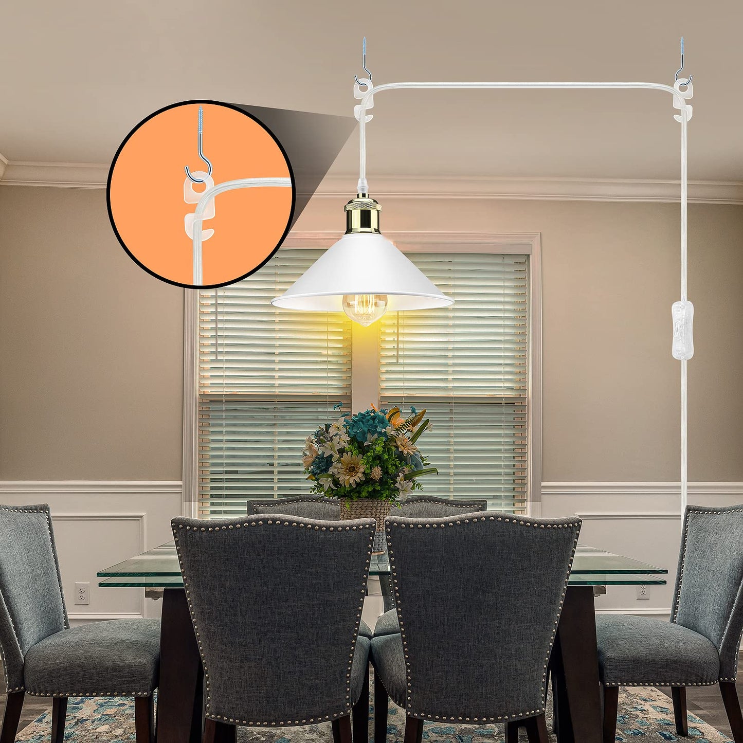 LYOOWNG Plug-in Pendant Light, Industrial Design, Metal, White, Model LY-20036