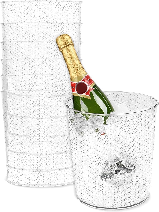 Spec101 Ice Bucket for Champagne - 6 Pack Plastic Ice Buckets for Parties - 2.83L Silver Transparent Bridal Beverage Tub C...