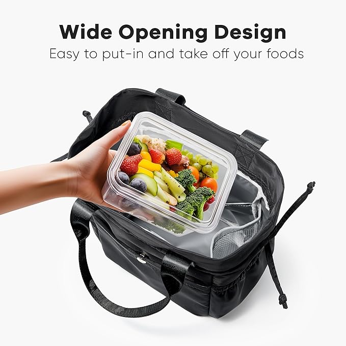 Yarnic Lunch Bag Women Insulated Lunch Bags,Cute Reusable Lunch Box Stain-Resistant Lunchbox with Water Bottle Holder for Adult (black)