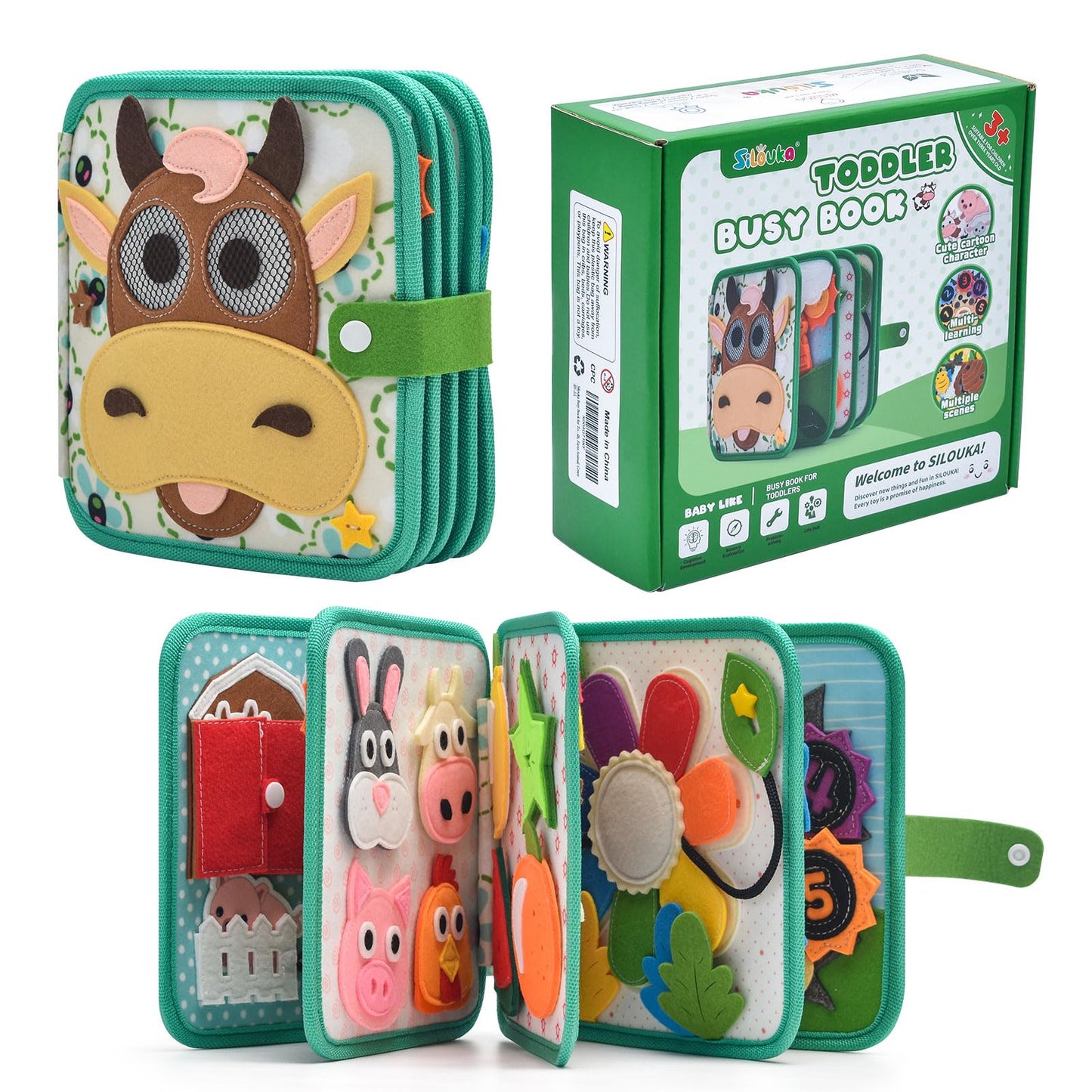 Montessori Busy Book for Toddlers 1-3, Felt Quiet Book & Busy Board for Preschool Learning, Fine Motor Skills & Sensory Play, Educational Travel Toy and Gift for Kids – Farm Animals Theme, Green