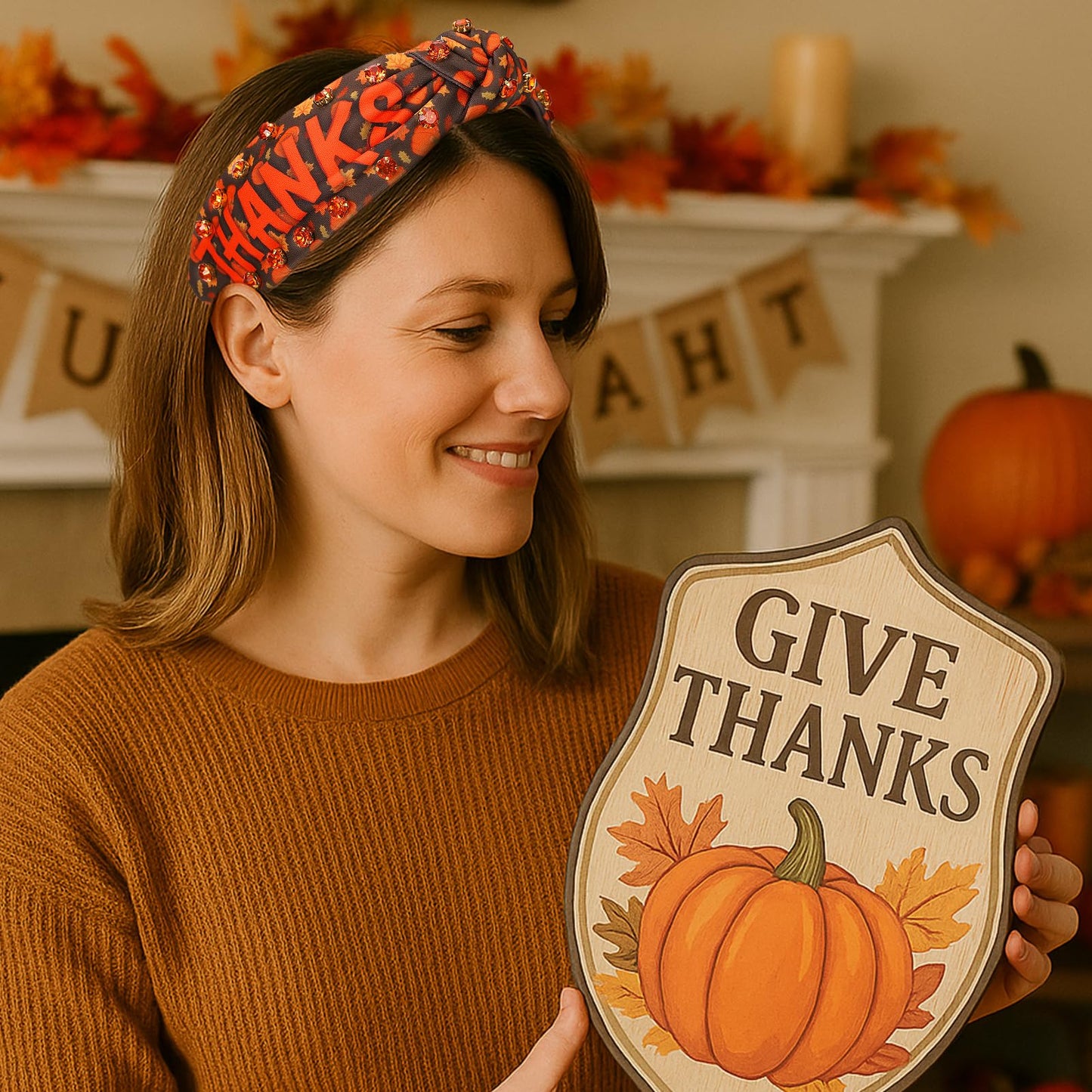 IDDFEVE Thanksgiving Day Headbands for Women - Fall Rhinestone Knotted Hair Hoop, Autumn Pumpkin Maple Leaves Crystal Pearl Acce
