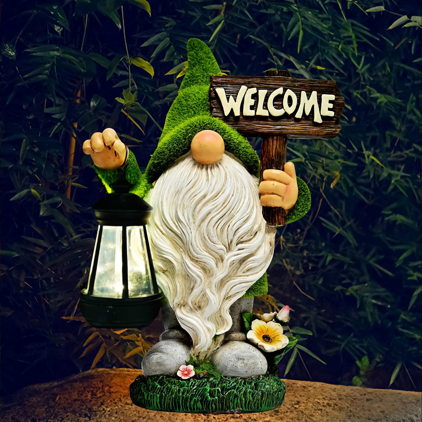 ASAWASA Gnomes Decorations for Yard, Solar LED Light, 10.8in Large, Resin, Gnome With Welcome Placard