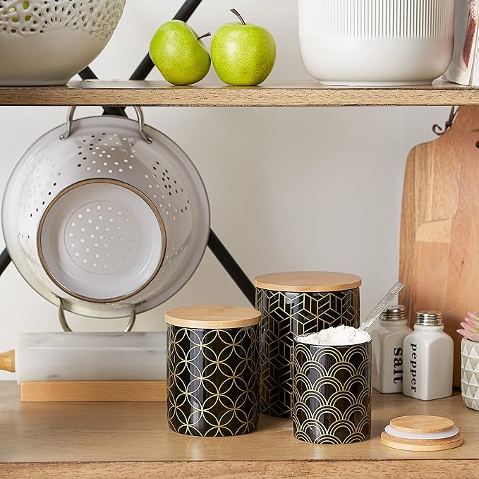 DII Kitchen Ceramics Collection, Canister Set, Mixed Print, Black/Gold, 3 Piece