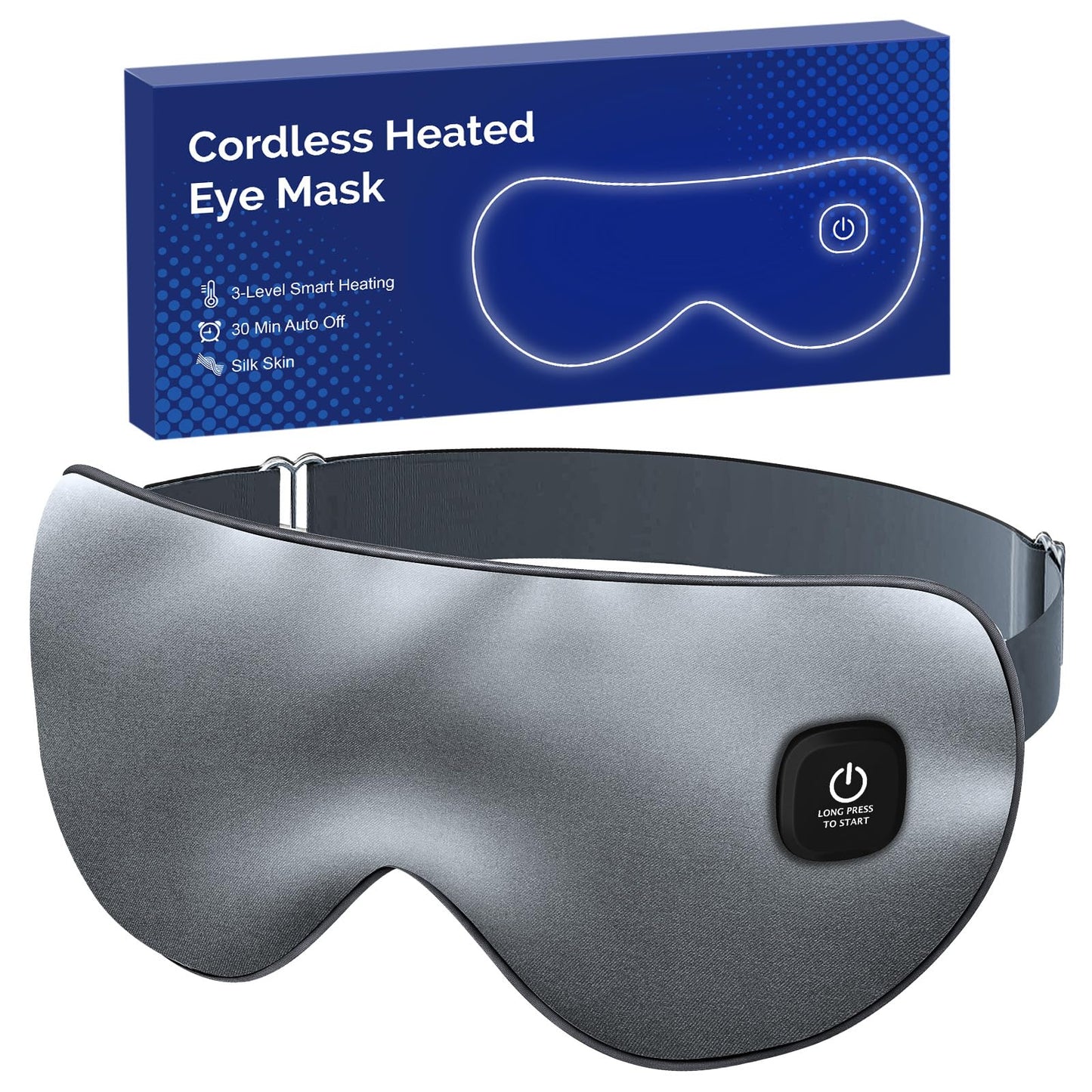 Cordless Heated Eye Mask for Dry Eyes, Blocking Light Warm Compress Rechargeable, 1000mAh Electric Eye Heating Pad for Sleeping, Washable Silk Heat Sleep Mask with 3 Temperature Settings, Grey