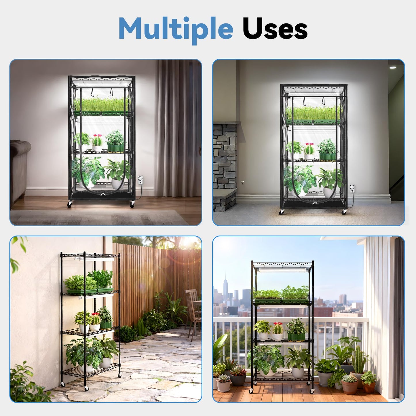 Jesled Indoor Greenhouse With Grow Light  2Ft Full Spectrum 5000K Led Light For Seed Starting  Tiered Lighting Control  Built-In Timer & Thermo-Hygrometer  Rolling Metal Plant Stand (23.6X13.8X59In)