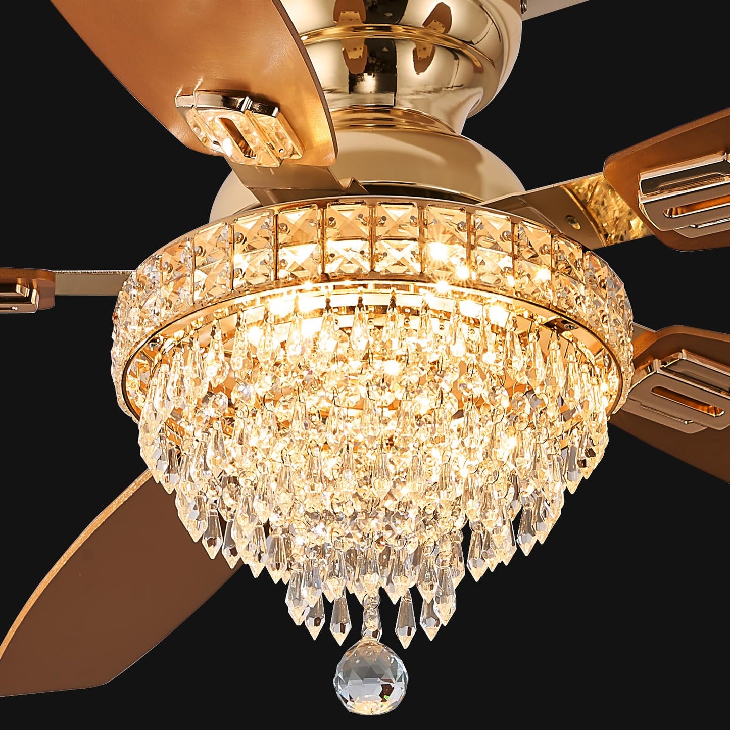 Fanyank Crystal Ceiling Fan Fandelier with Lights, 50in Flush Mount, Gold, Iron, Remote Control, Reversible, Dimmable, Noiseless