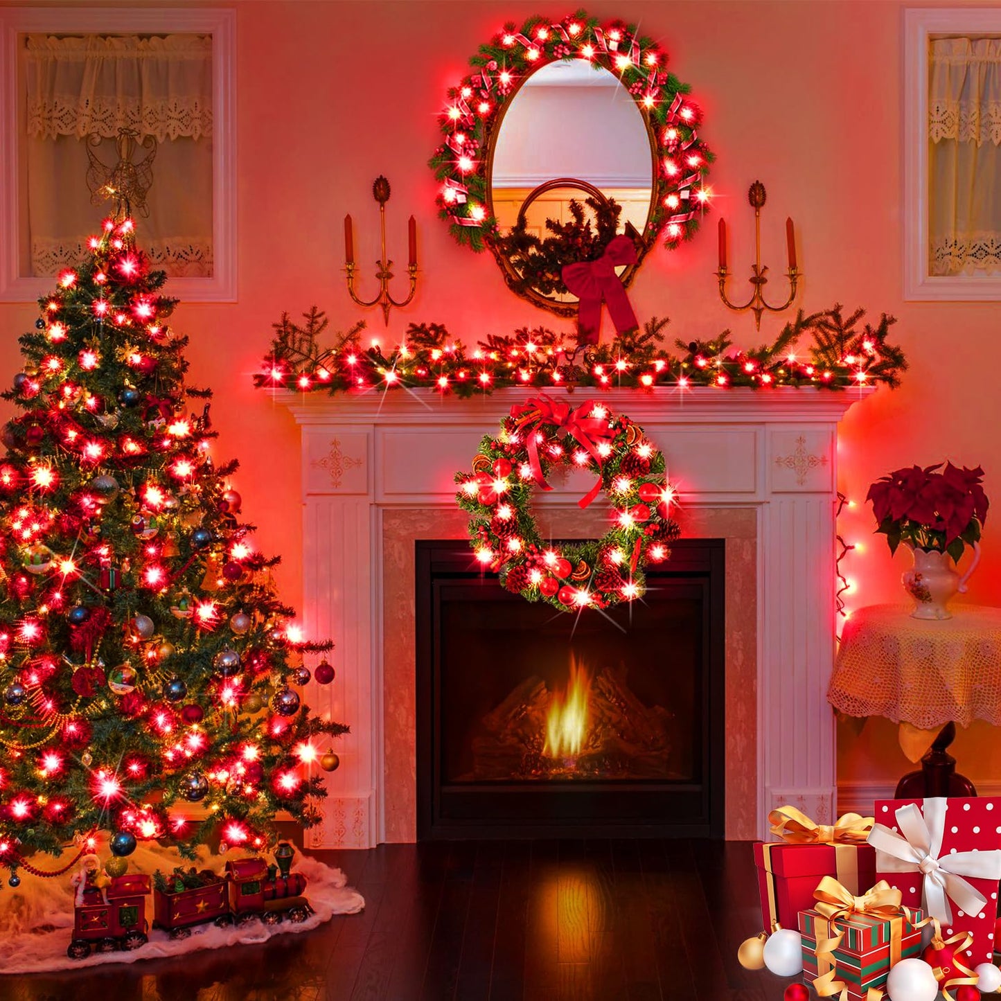 KNONEW 1000 LED Christmas String Lights, 403FT Green Wire, Waterproof, 8 Modes, Red, Model KN-1000-LIG168-01