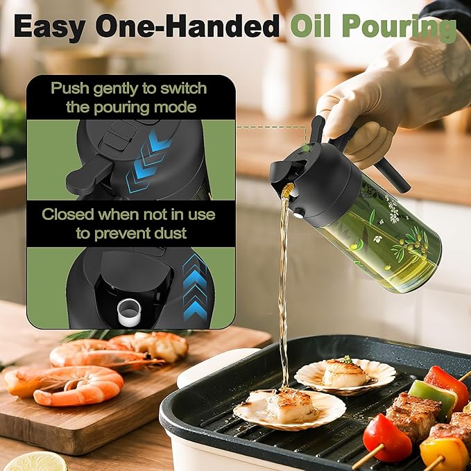 COOLMI Oil Sprayer for Cooking, 2 in 1 Olive Oil Dispenser Bottle Set for Kitchen, Food-Grade Glass Green Oil Vinegar Bottle Container - 16OZ/470ML Set of 2 (Black + Green)